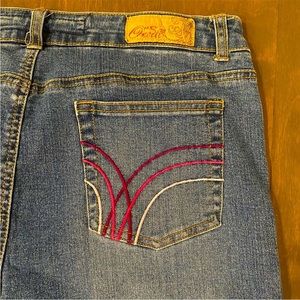Oneill Jeans Size 11 Blue w/ Pink Stitching Flare Barbie Pockets Long 33” Inseam
